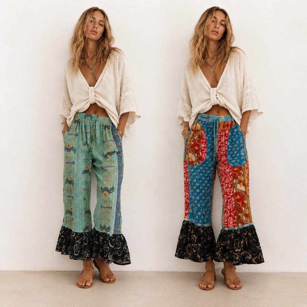 Kantha Patchwork Wide Leg Quilted Bloomer Pants OS Reversible Boho Fish Print